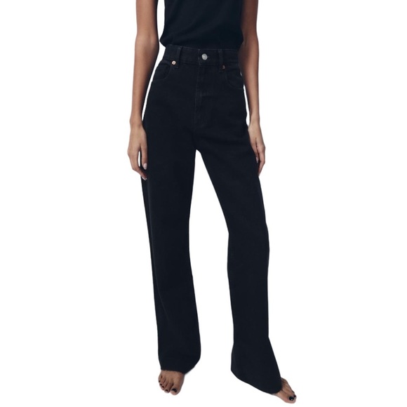 Zara High Rise Wide Frayed Hem Leg Black Denim Jeans Size 4 - Picture 3 of 12